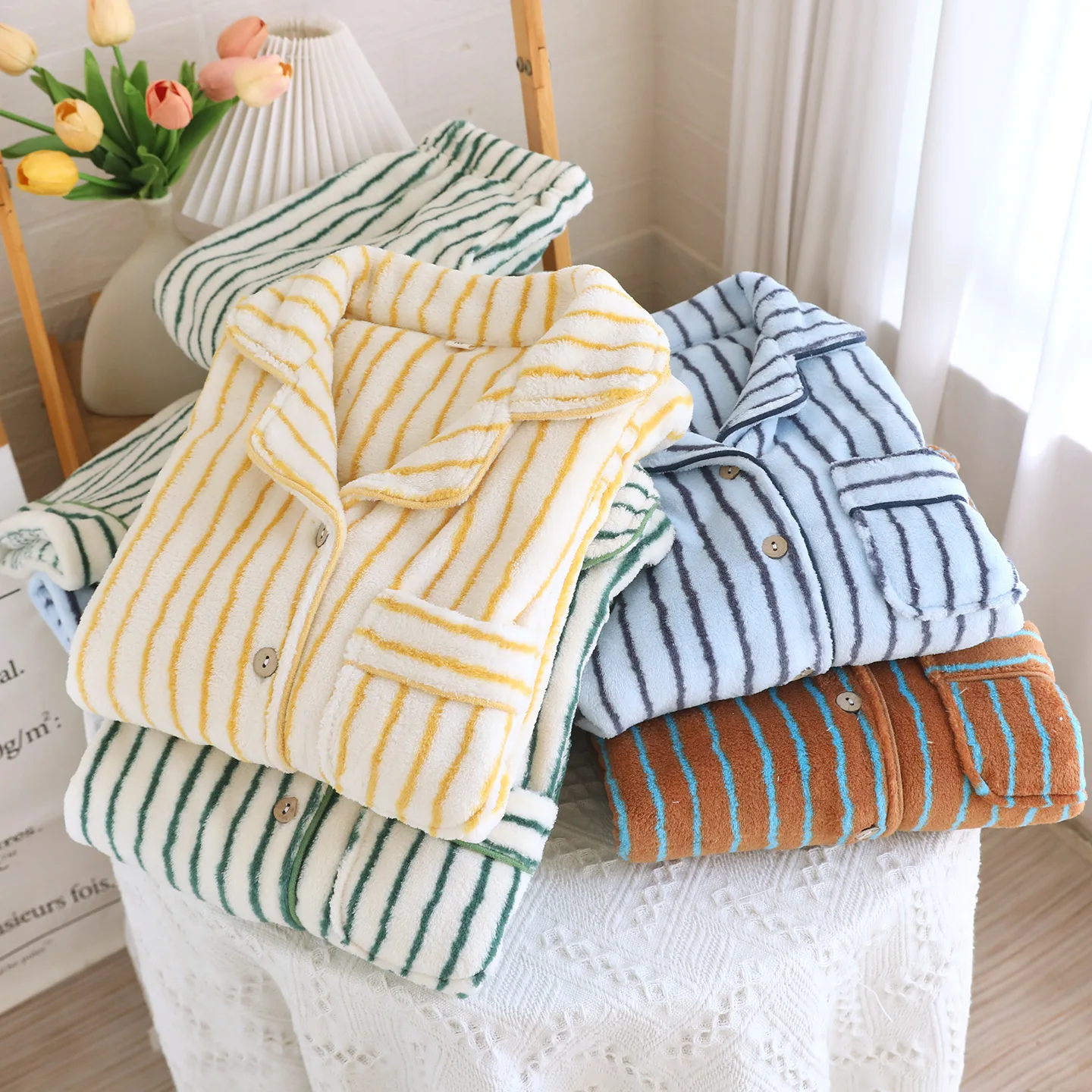 

Flannel Women's Pajamas 2 Piece Sets Thicken Winter Warm Sleepwear Striped Comfortable Soft Home Clothes Pijama Pyjama Suit