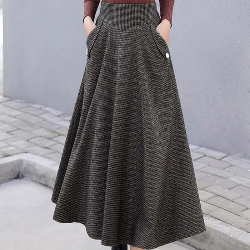 

New High Waist Vintage Houndstooth Plaid Warm Wool Long Skirt For Women 2024 Elegant Casual Big Swing A-Line Saias Longas Female