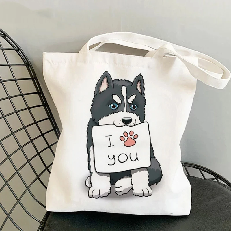 Dog Shopping Bag Reusable Grocery Store Canvas Shopping Bag for Shoppers Kawaii Cute Cartoon Print Handbag Canvas Shoulder Bag