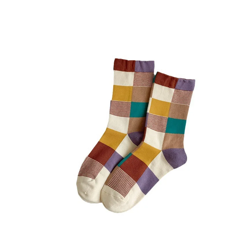 ถุงเท้าผู้หญิงผ้าฝ้ายวินเทจฮาราจูกุสตรีทฤดูใบไม้ผลิฤดูใบไม้ร่วงสาวฤดูหนาวลายจุดลายสก๊อตสไตล์ญี่ปุ่นถุงเท้าสั้น