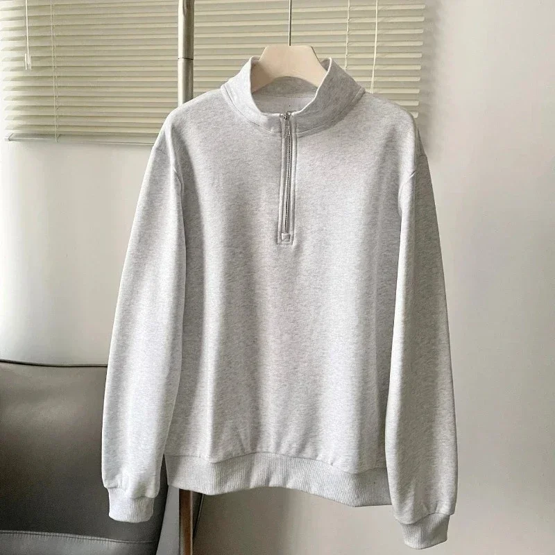 Autumn and Winter Sweatshirt Loose Fit Cotton Half-zip Stand Collar Hoodies Women Running Fitness Grey Oversized Sports Pullover