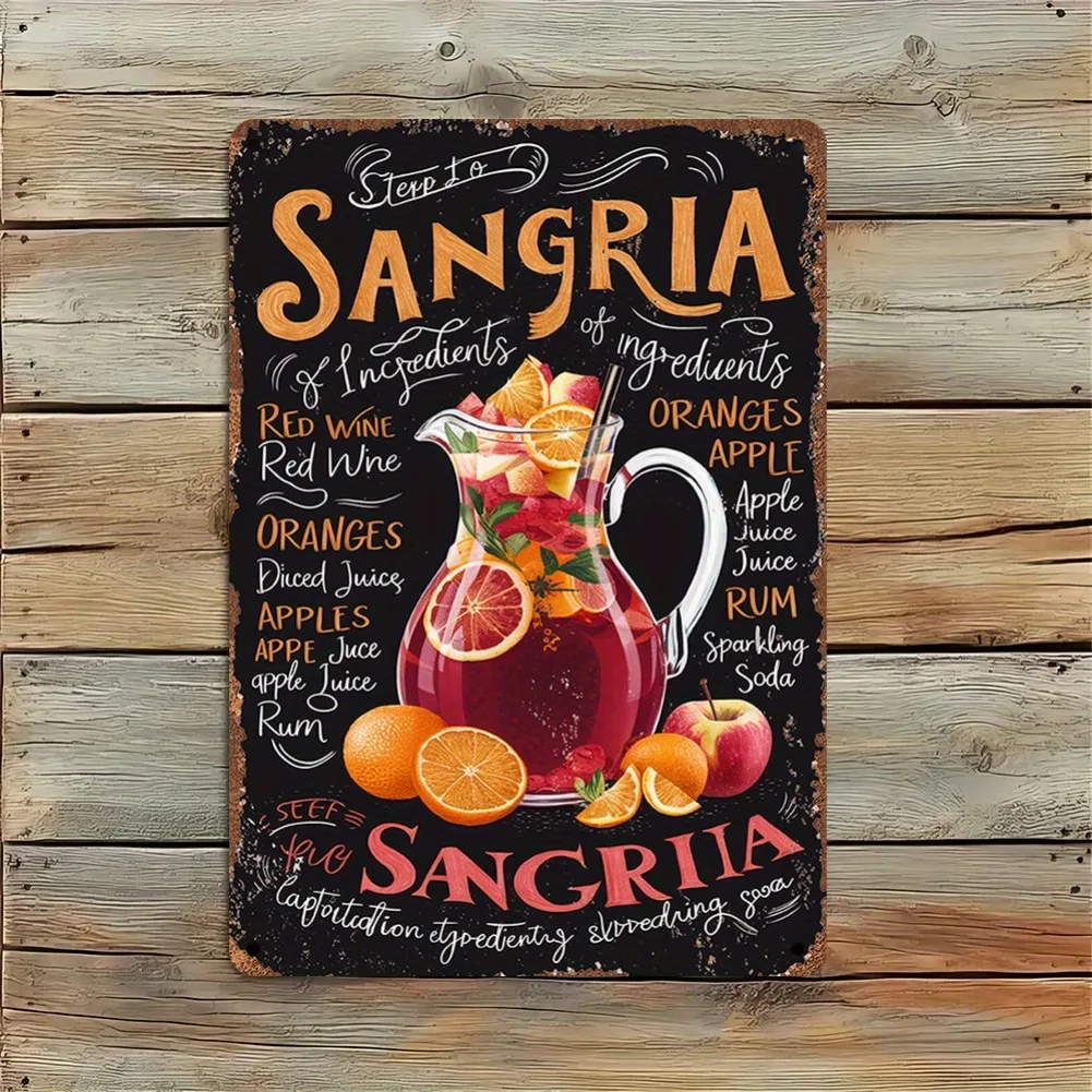 لافتة فنية جدارية معدنية مسطحة ثنائية الأبعاد، قطعة واحدة من وصفة سانجريا العتيقة - ديكور مطبخ ريفي مع توضيح المكونات، ديكور المنزل والبار