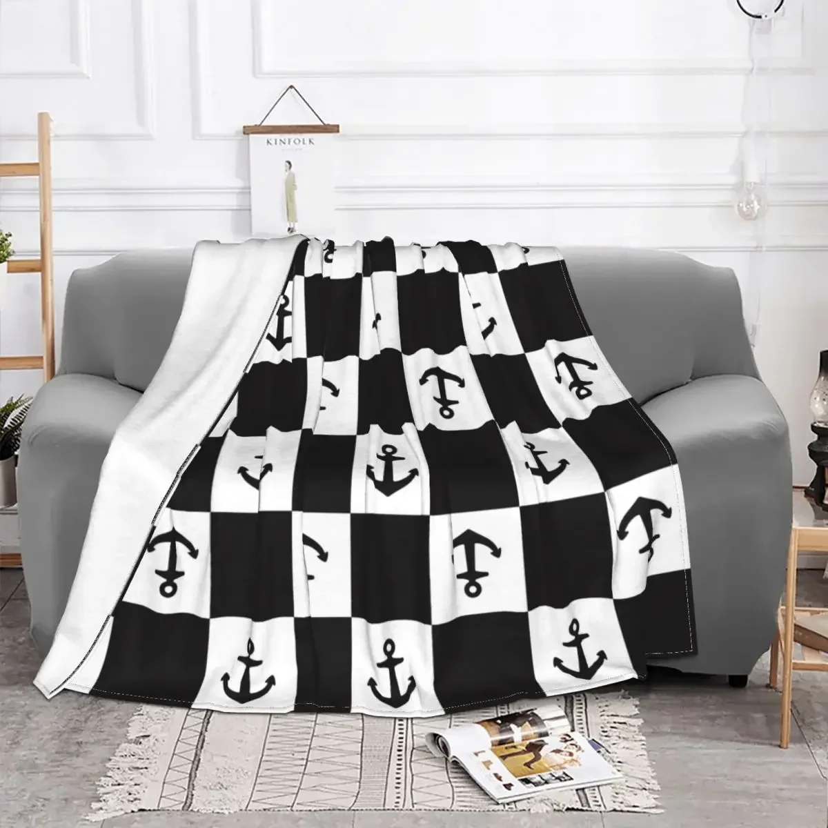 Anchor Boat Checked Pirate Helm Nautical Fleece Throw Blankets Blanket for Bed Couch Lightweight Plush Thin Quilt