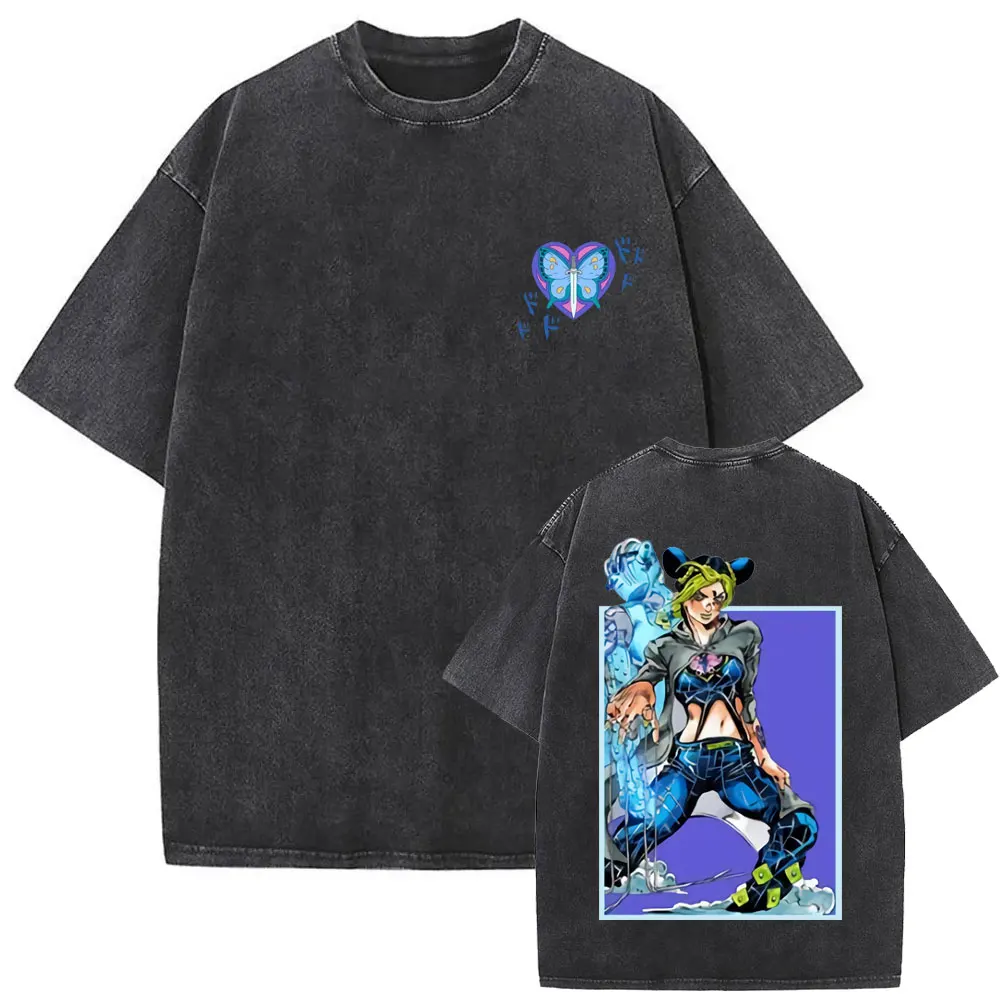 Anime JoJo Bizarre Adventure Yoshikage Kira Vintage Washed T Shirts Men Women Clothing Manga Casual Cotton Short Sleeve T-shirt