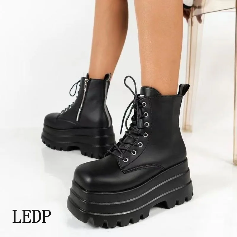 

LEDP Plus Size Chelsea Boots Women's Spring/Autumn 2024 Lace-up Muffin Platform Round Head Fashion Boots for Women