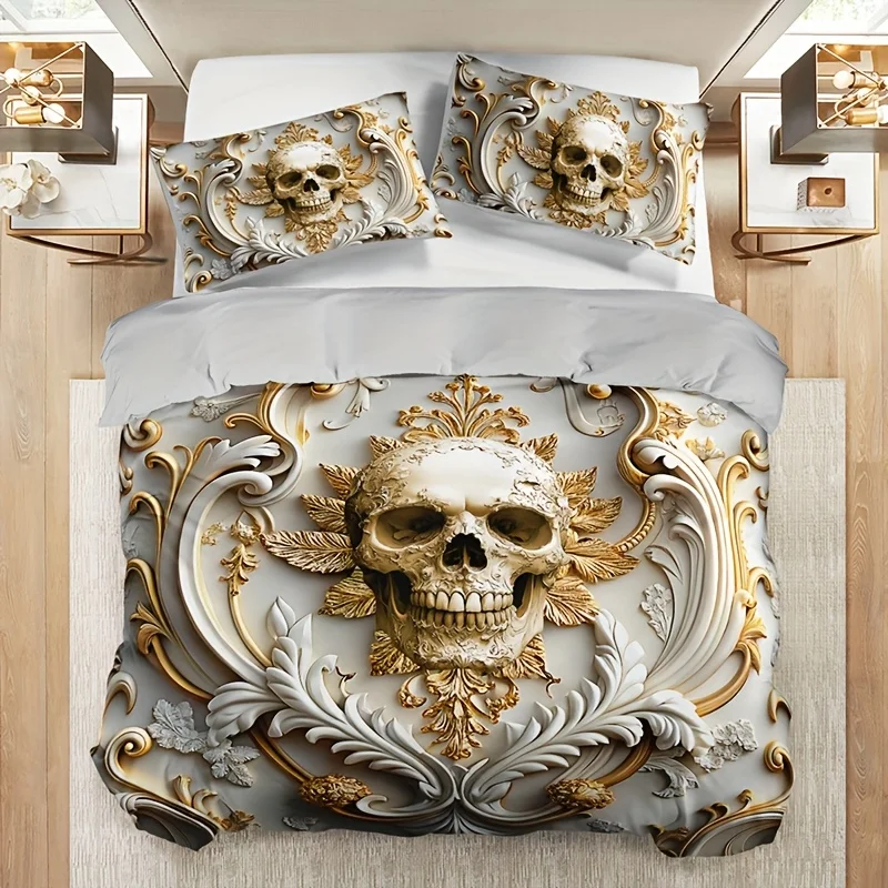 Golden Skull Duvet Cover Set Elegant White Golden Floral Skull Design Breathable Polyester Fabric All-Season Comfort for Home