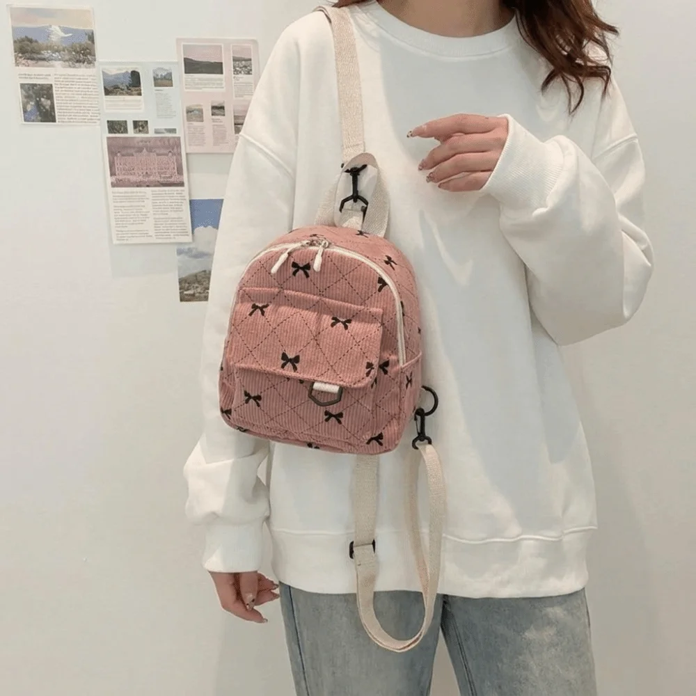 Cute Corduroy Mini Backpack Lightweight Bowknot Printed Shoulder Bag Zipper Multi Layered Bow Rucksack Commute