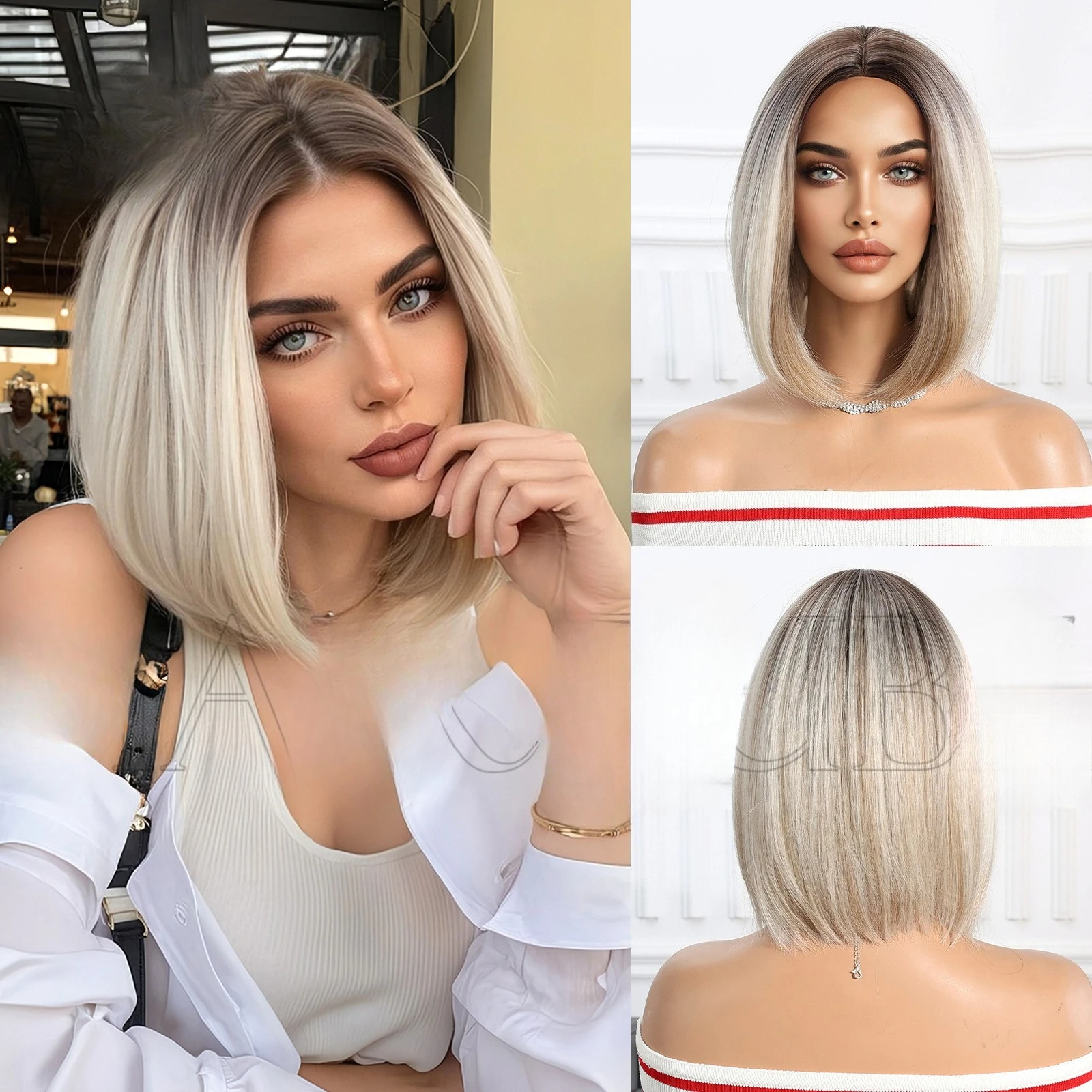 

Средний короткий прямой парик, платиновая постепенная смена, окрашивание, мелирование, европейский и американский парик, головной убор, голова бобо, новый про