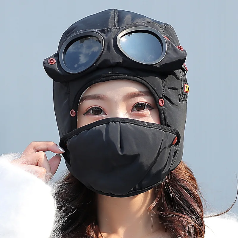 2023 Winter Bomber Hat Adult Kids Windproof Hood Pilot Hats with Mask Glasses Warm Earflap Cap Russian Ushanka Caps Balaclava