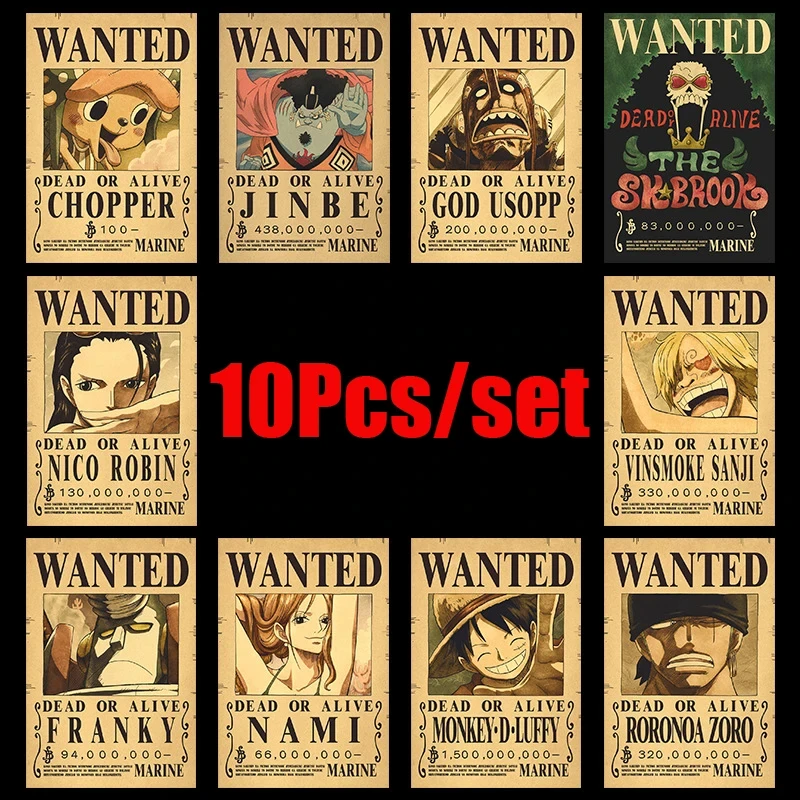 10 Stück Anime One Piece Luffy Neue Wanted-Poster Spielzeug Cartoon ACE Zoro Vintage Gemälde Poster Dekoration Spielzeug für Kinder Geschenke