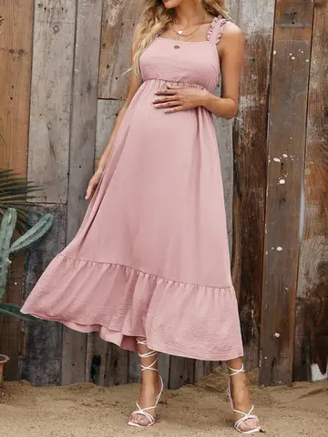 गर्मियों में नई तितली धनुष टाई रफल्स महिलाओं मैक्सी स्विंग पट्टा पोशाक गर्भवती महिलाओं स्कर्ट के लिए आरामदायक ठोस रंग के साथ 10 best sales मातृत्व मैक्सी ड्रेस - №5