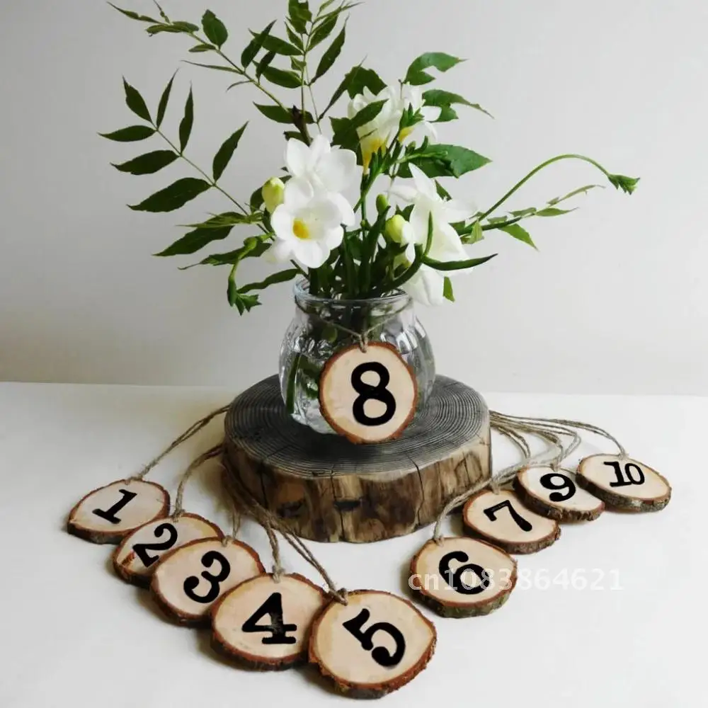 

10pcs Round Natural Wood Log Slice Tree Bark 1-10 Table Numbers For Wedding Centerpiece Hanging Decor