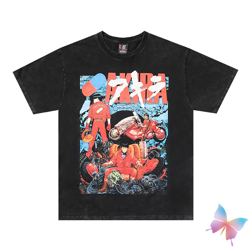 24ss Washed Black Tops Capsule Motorcycle Boy AKIRA T-shirts Cotton Vinatge Hiphop Street Anime Short Sleeve Tshirts Men Women