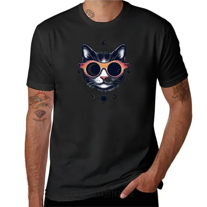 Cartoon Cat Total Solar Eclipse April T-Shirt plus size tops plain oversizeds mens t shirt graphic