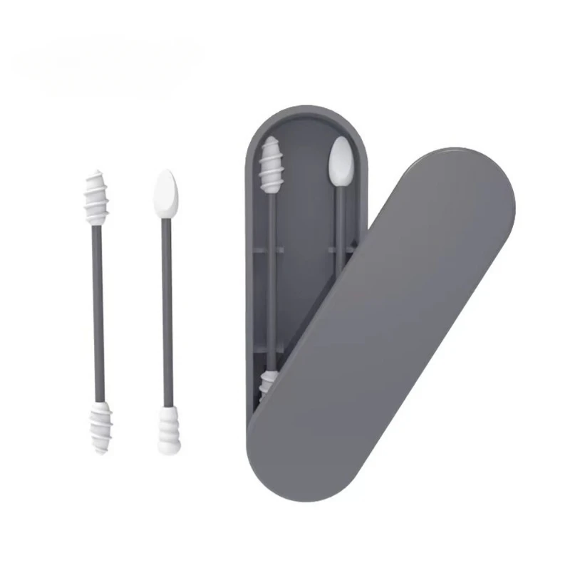 2Pcs Silicone Reusable Cotton Swab Earpick Kit With Box Portable Double Headed Soft Makeup Swab Ear Cleaning Set