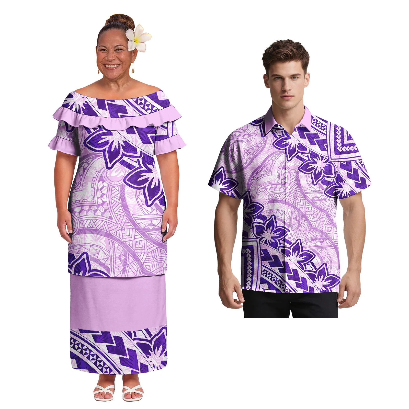 Island Beach Samoan Polynesia Men's Casual Shirts Ladies Elegant Puletasi 2pc Set Hawaiian Hibiscus Print Couple Match Outfits