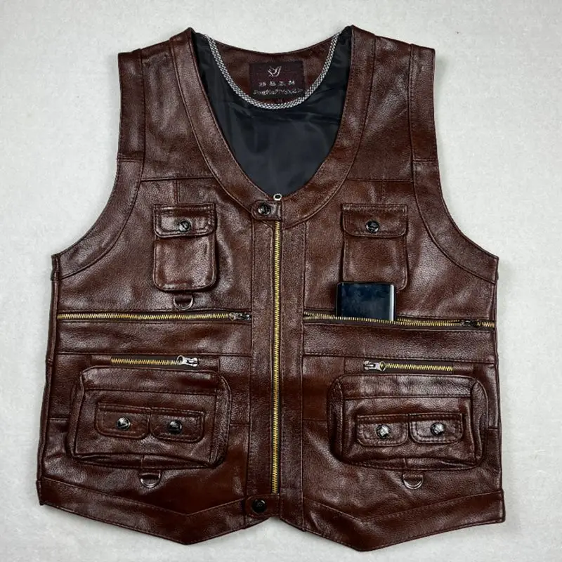 Cowhide Genuine Leather Vest Waistcoat Male clothing Jacket Thick Motorcycle Multi Pocket leather biker Men safety vest JJ134 view 4