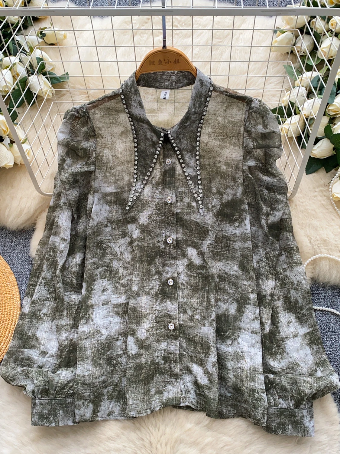 

Новинка 2026, осенняя женская модная рубашка с острым воротником и длинными рукавами для тяжелой промышленности, однобортная сетчатая рубашка с принтом, топы