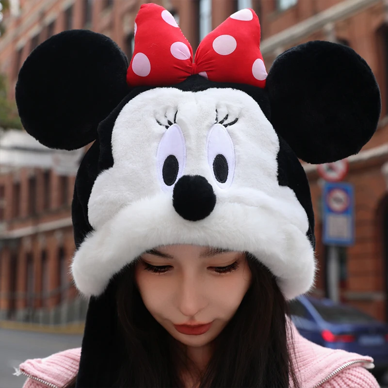 Disney Authentic Minnie Mickey Donald Duck Hat Autumn And Winter Warm Hat Scarf One Piece Hat Cold Resistant And Plush Hat