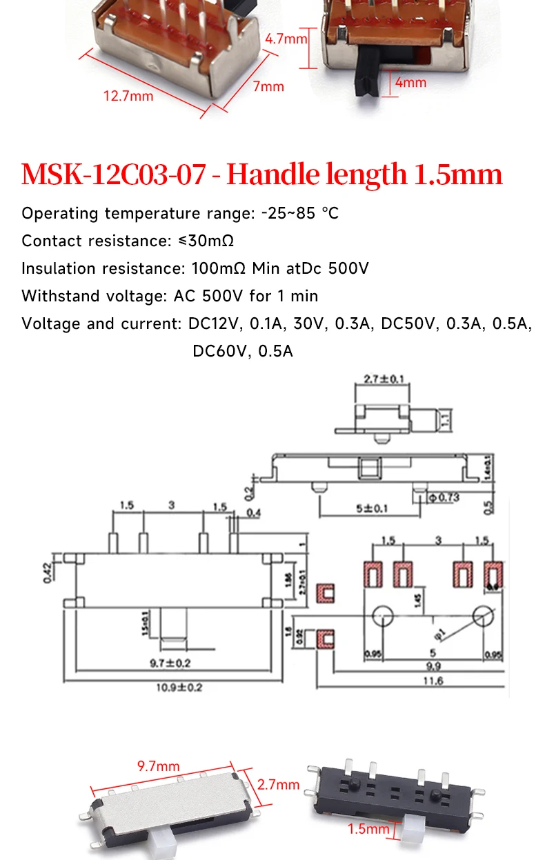 5 Stück Mini-SPDT-Schiebe-Kippschaltergriff 3/5mm MSS-22D018 SS-12D00 SK-22D07 MSK-12C02 SS-12F44 MSK23D19 - Elektronisches Bauteil – Detail 15