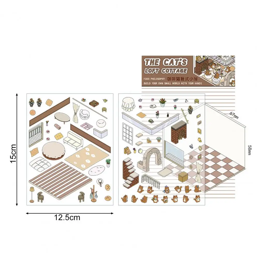 4 Sets DIY 3D House Stickers Reusable Korean Stickers Miniature Scene Stickers Mini Room Scenes Coated Surface Sticker