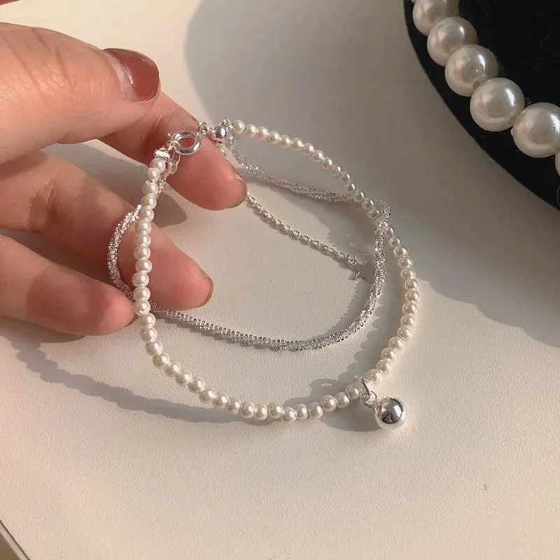 Pulsera de perlas de doble capa de Plata de Ley 925 para mujer y niña, pulsera con dijes brillantes coreanos, regalos de joyería de fiesta de lujo