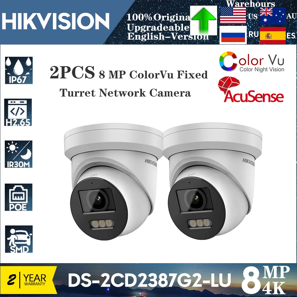 

Оригинальная Hikvision DS-2CD2387G2-LU, 2 шт., 8 МП, ColorVu, 24/7, цветная, с фиксированным встроенным микрофоном, IP67, сетевая камера с турелью