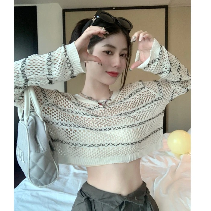 Korean Fashion Streetwear Sexy Loose Hollow Out Knitwear Women Summer Autumn Girls Casual Crop Pullover Female Cheap Wholesale