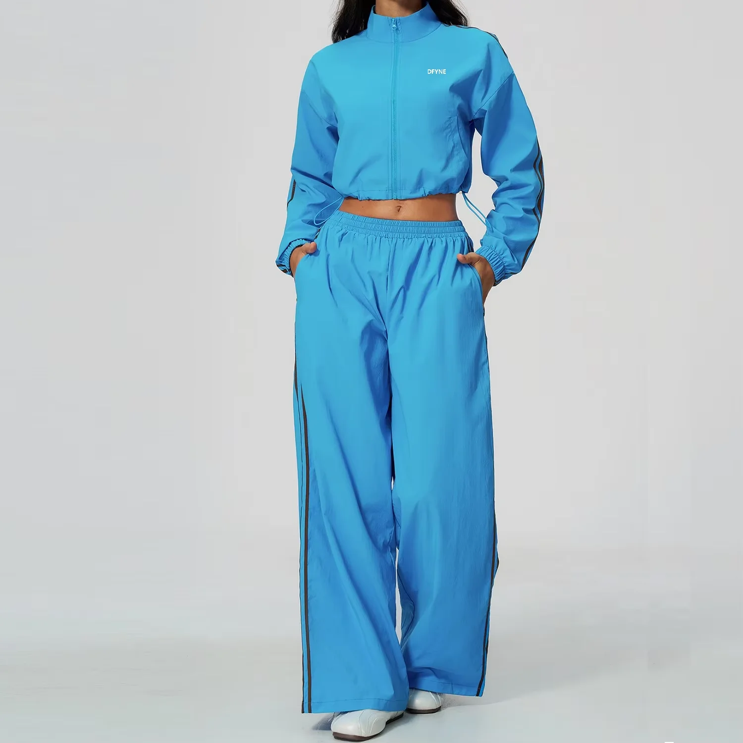 DFYNEWomen Pink Tracksuit Set Crop Windbreaker Jacket Wide Leg Pants Casual Sportswear Workout Outfit Y2K Streetwear Lounge Wear