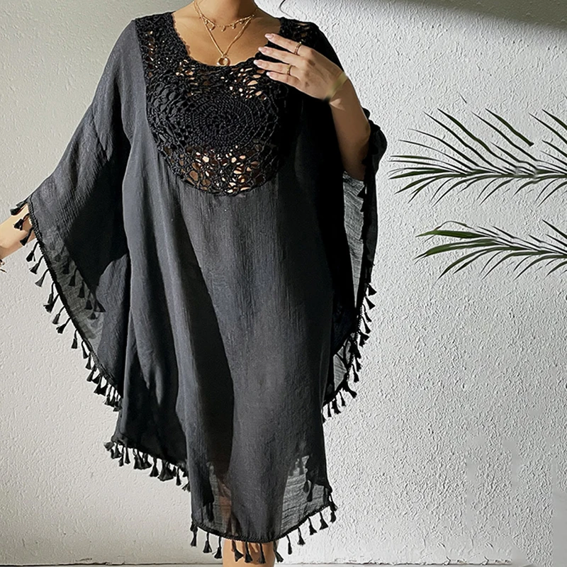 2025, Fransen, Quaste, Stickerei, halbe Ärmel, Tunika, Strand-Vertuschung, Vertuschungen, langes Strandkleid, Strandkleidung, Strandmode, weibliche Frauen