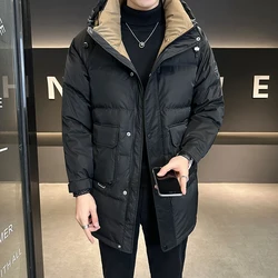 Casual 2024 Winter Men's Mid-Length Hooded White Duck Down Jackets Outwear Loose Windproof Warm Puffer Coat Thicken Down Garment