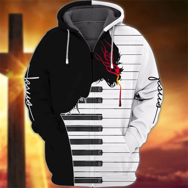 New Hoodies Sweatshirt Men's Zip Hoodie 3D Piano Print Pullovers Oversized Tops Male Autumn Long Sleeve Loose Retro Clothes Hot