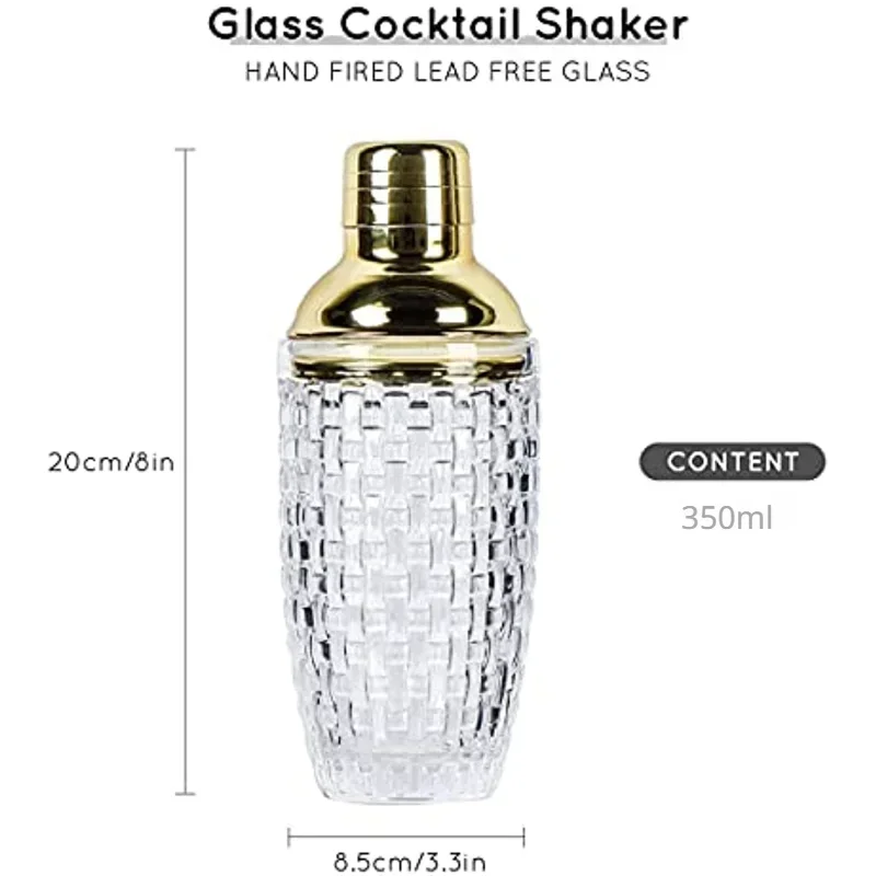 Luxury Glass Cocktail Shaker Martini Mocktail Making Set with Leakproof Metallic Steel Lid Strainer for Home Use Bar Cart Gadget