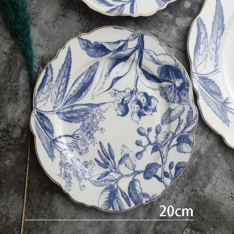 American Retro Dinner Set Plates and Dishes Golden Stroke Blue and White Painted Irregular Dinnertableware Cake Dessert Plate