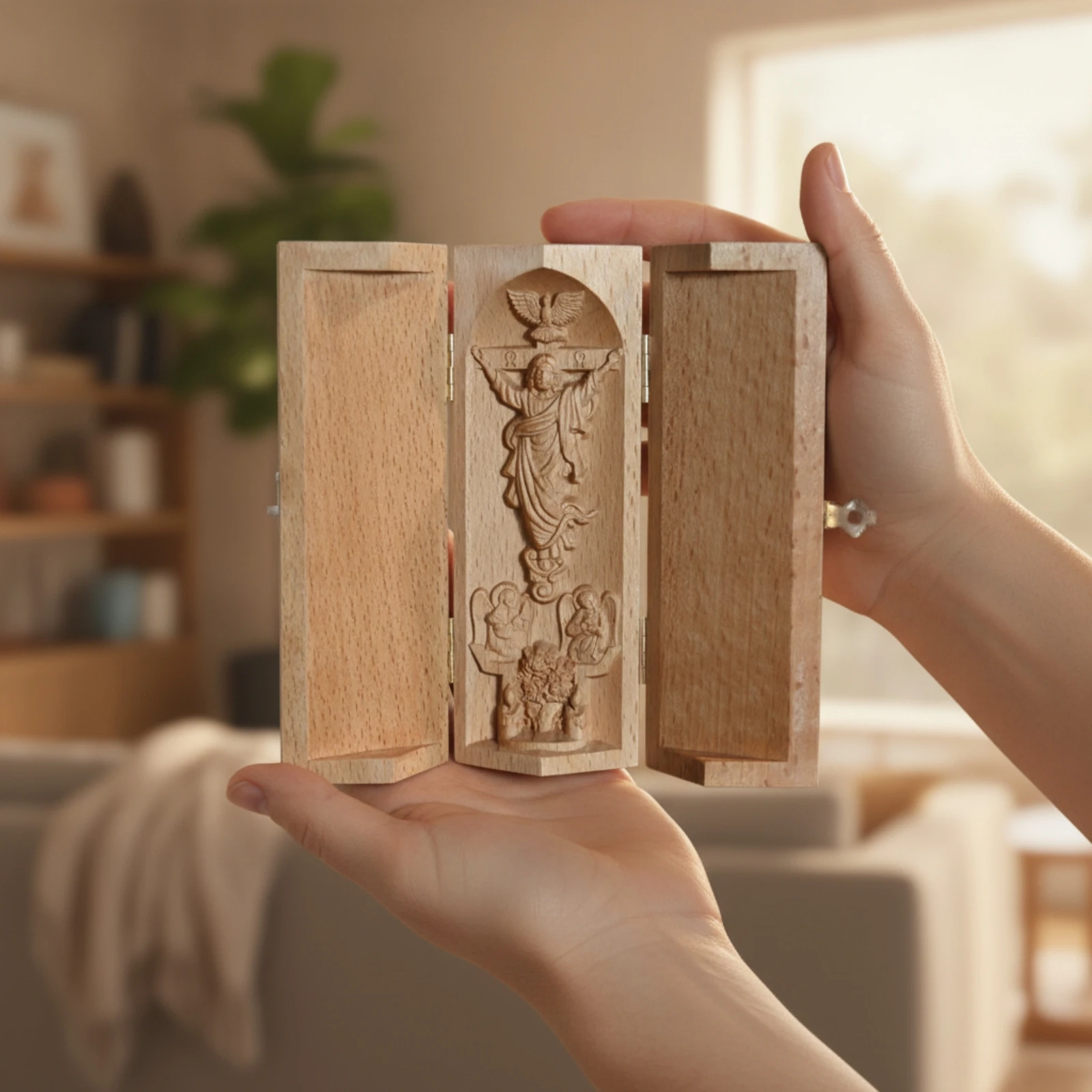 Folding Triptych Unfinished Carving with Hinged Panels Wooden Carving Tabletop for Believers, Prayer Corner, Altar
