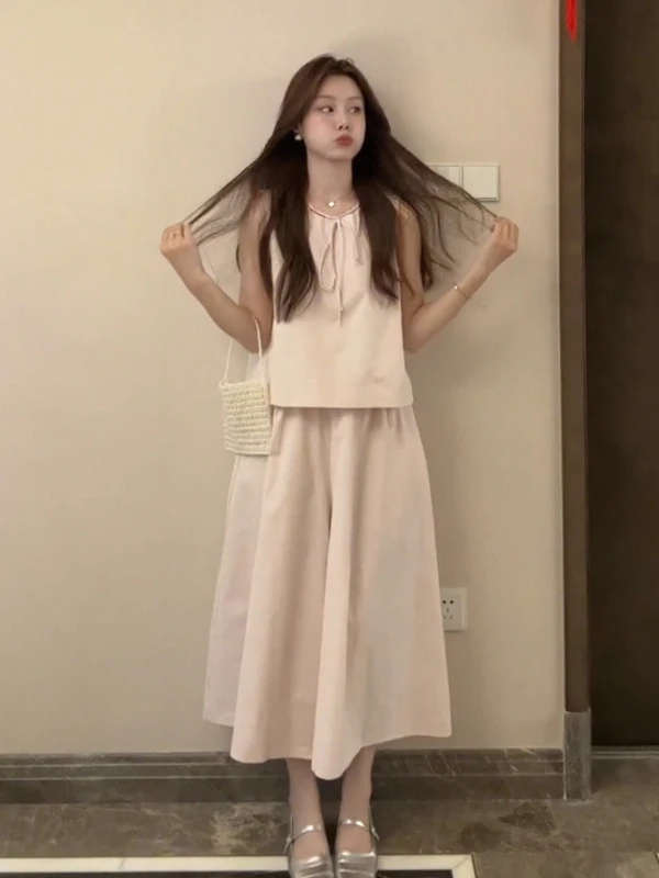 

Casual Fashionable Women's Summer New Style Korean Gentle Sleeveless Top Loose Wide Leg Pants Skirt Two Piece Set
