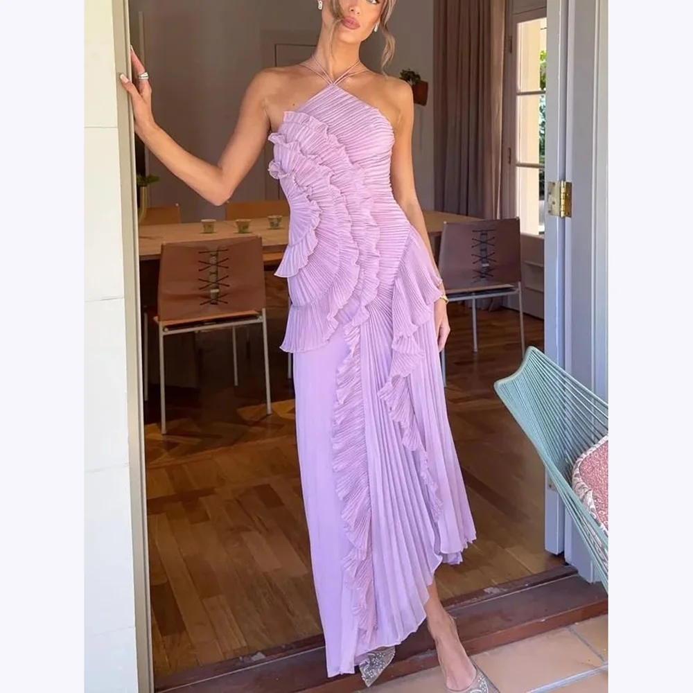 

Modish Prom Dresses For Women Tiered Pleats Halter Sleeveless A-Line Ankle Length Formal Party Special Occasion Female Gowns