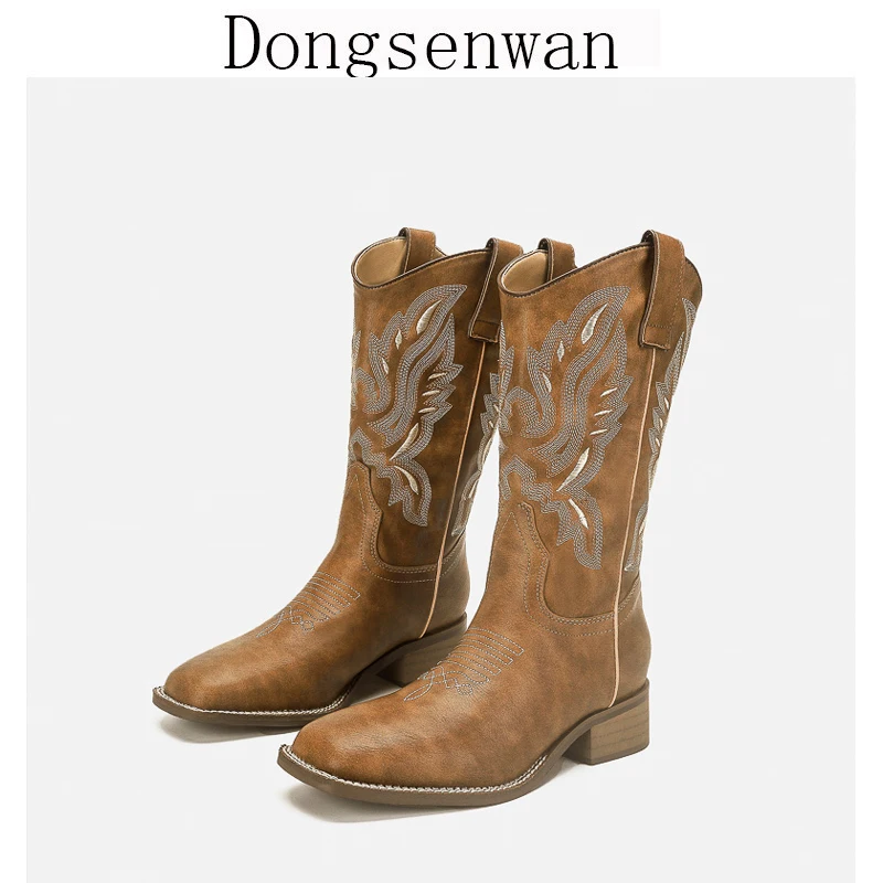 2026 New Western Style Embroidered Long Tube Boots Chunky Heel Square Head Versatile Cowboy Boots for Women Retro Fashion Boots