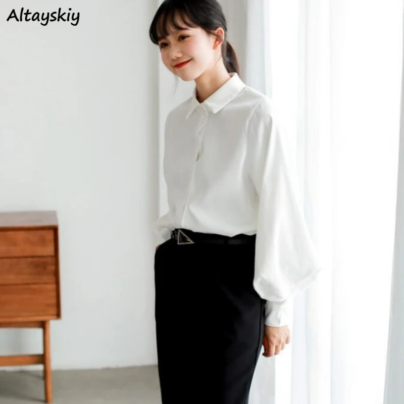 White Shirts Women Long Puff Sleeve Spring Loose Simple Solid Casual Elegant Office Ladies Vintage Clean Fit Basics Chiffon Chic