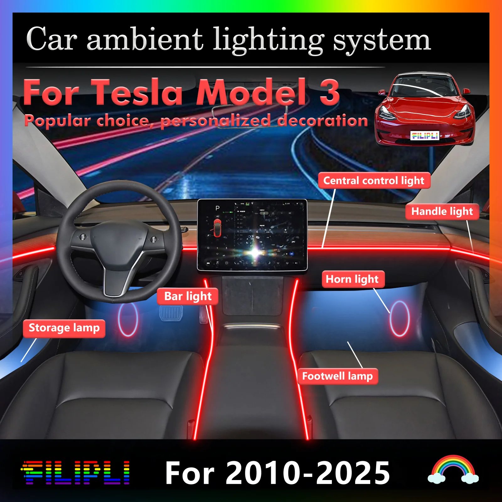 

For Tesla Model 3 Smart Remote Control RGB 64 Colors LED Car Interior Ambient Light Energy Saving Efficient Lamp Kit