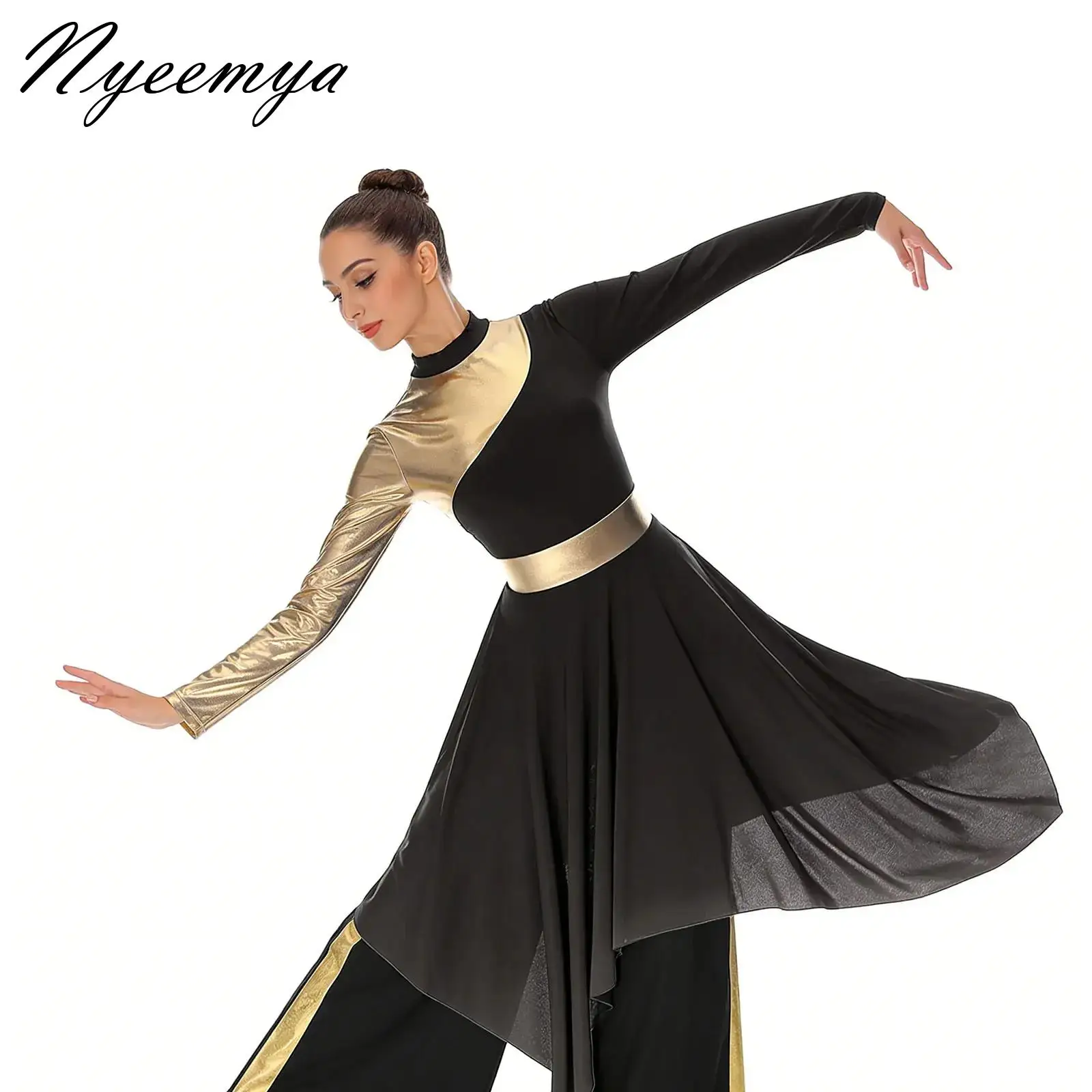 

Women Praise Lyrical Dance Performance Costume Metallic Shiny Church Christian Worship Robe Dress Tunic with Pants Dancewear