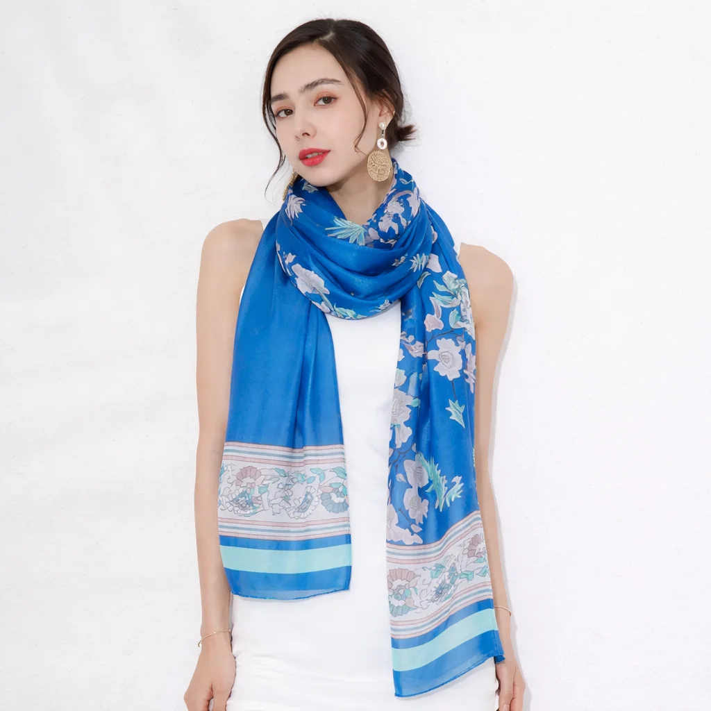New Blue Silk Luxury Brand Bandana Scarf Women Fashion Designer Shawls Hijab Foulard Femme Pashmina 2022