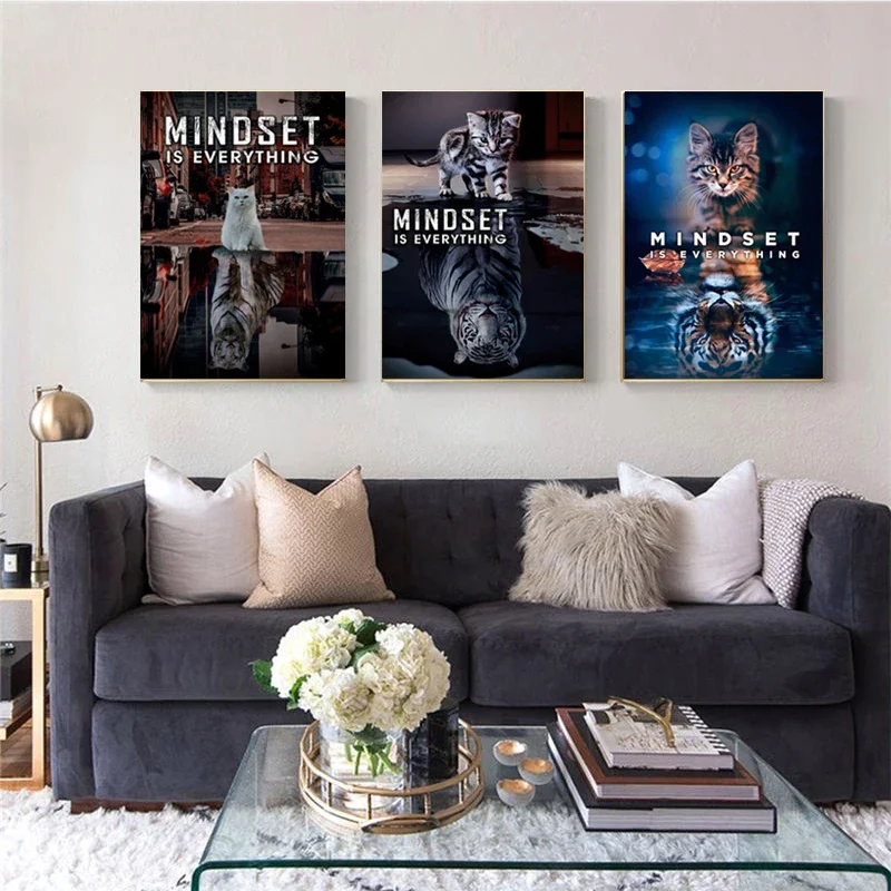 3pcs Cat Motivational Poster Prints Mindset Is Everything Canvas Painting Modern Abstract Animals Wall Art Picture Living Room