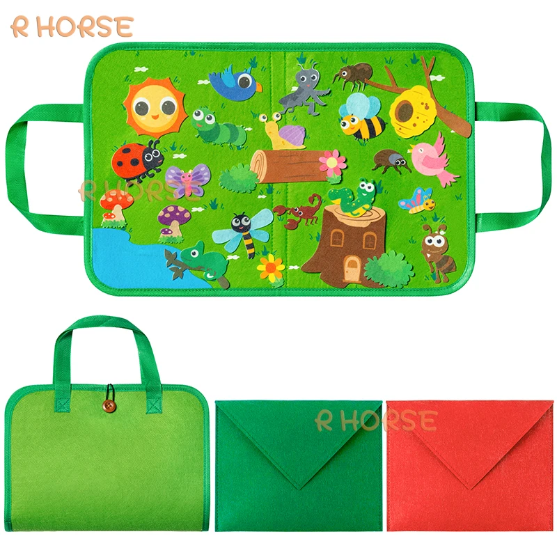 Ensemble de planches en feutre de voyage pour enfants, insectes portables, tiques de ferme, jouets Montessori, activité de conte, alth, apprentissage précoce