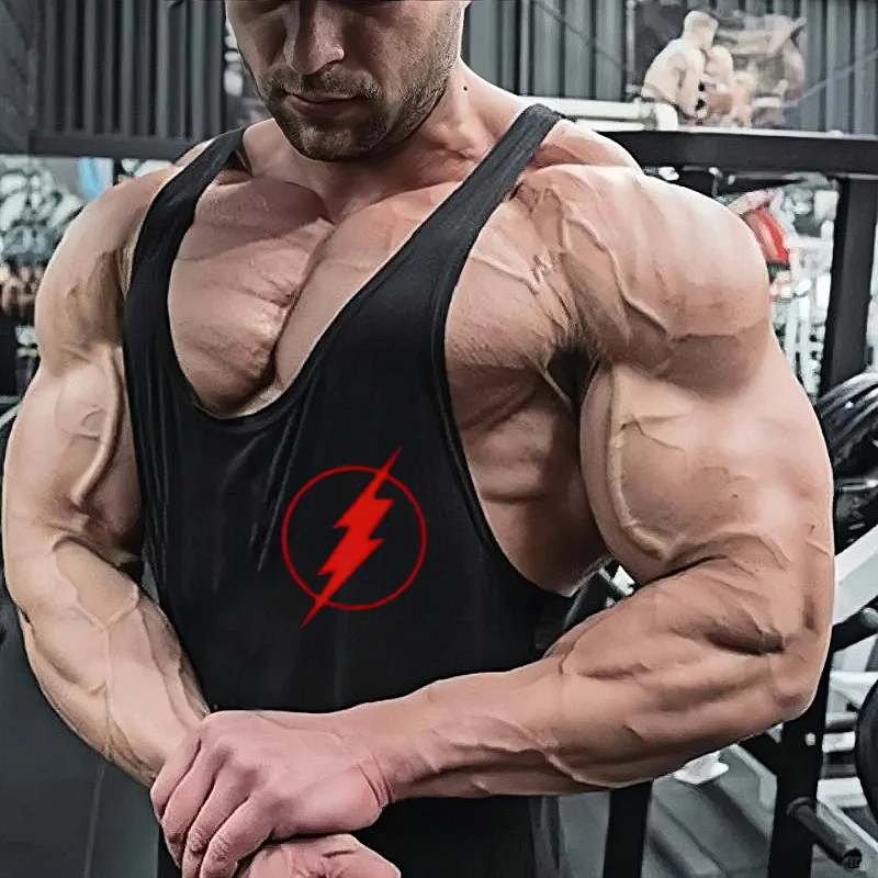 2025 Herren-Tanktop aus 100 % Baumwolle – Lightning-Grafik-Y-Back-Weste, elastisches Fitnessstudio, Muskeltraining, sportliches Training, Activewear