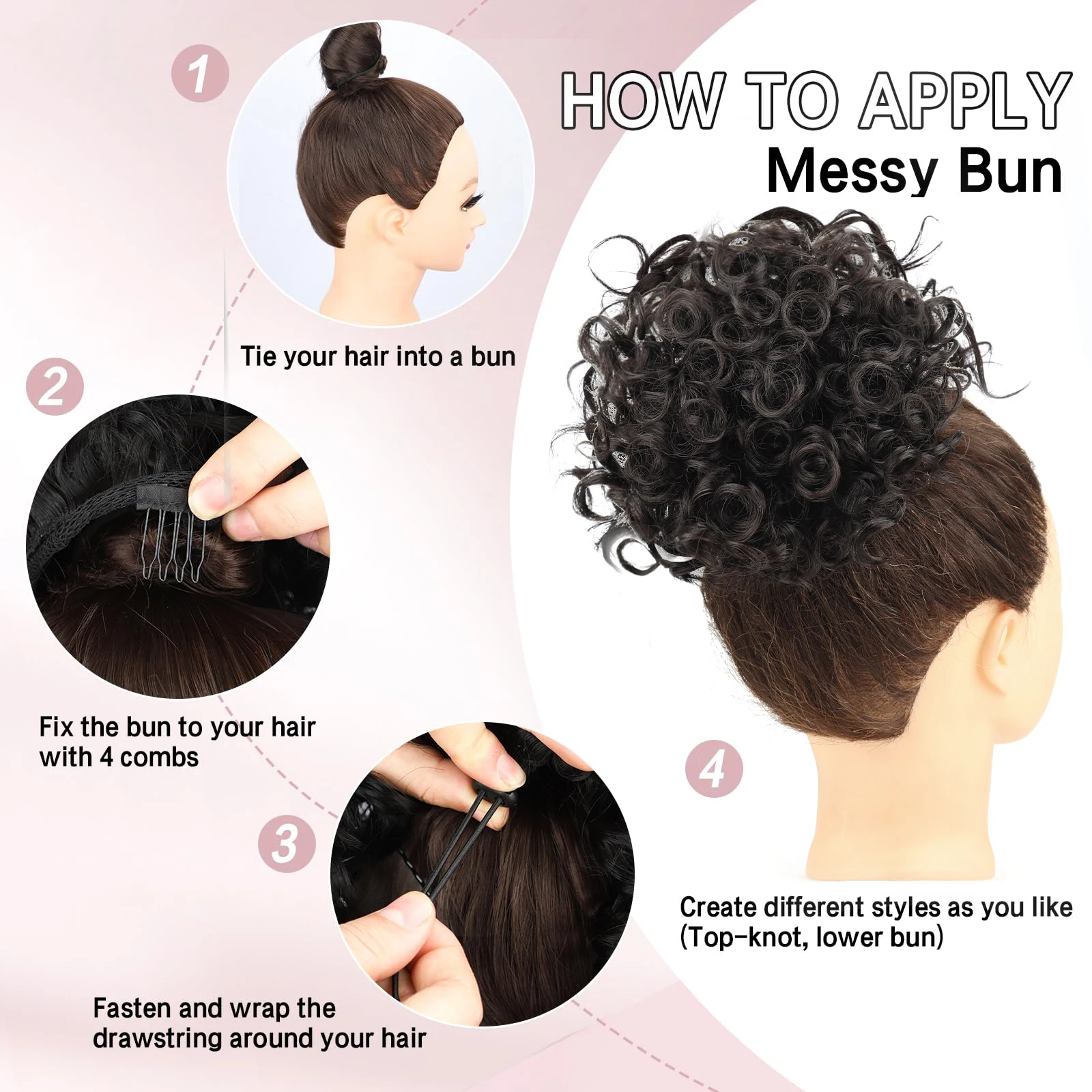 สังเคราะห์ Messy Bun ผมชิ้น 60g สายรัดยืดหยุ่นหลวม Wave Curly ผม Buns ผมชิ้น Extension สําหรับผู้หญิงสีน้ําตาลเข้ม