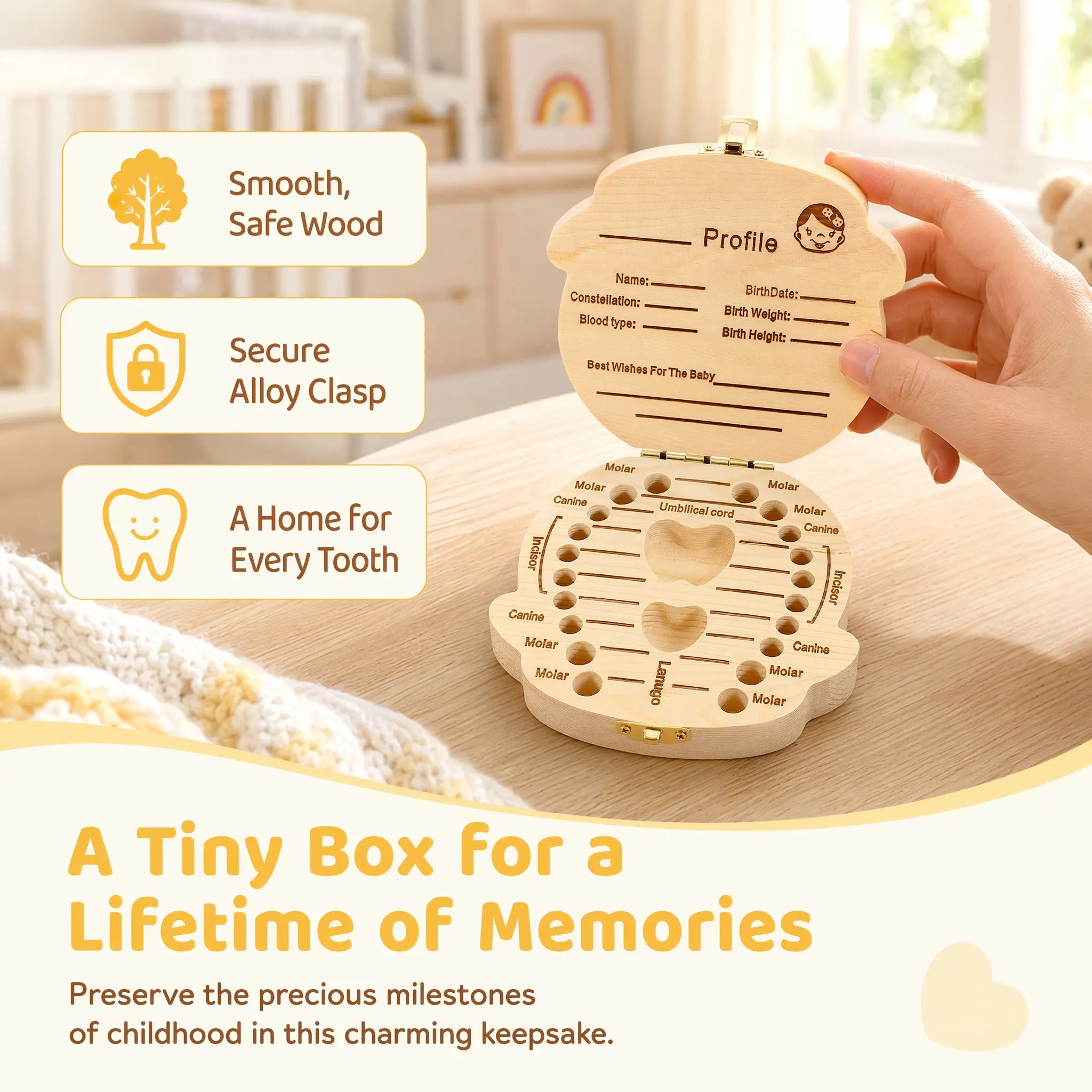 Baby Teeth Case Wood Alloy Keepsake Box Infant Tooth Holder Baby Storage Organizer First Tooth Memory Gift Infant Teeth Box