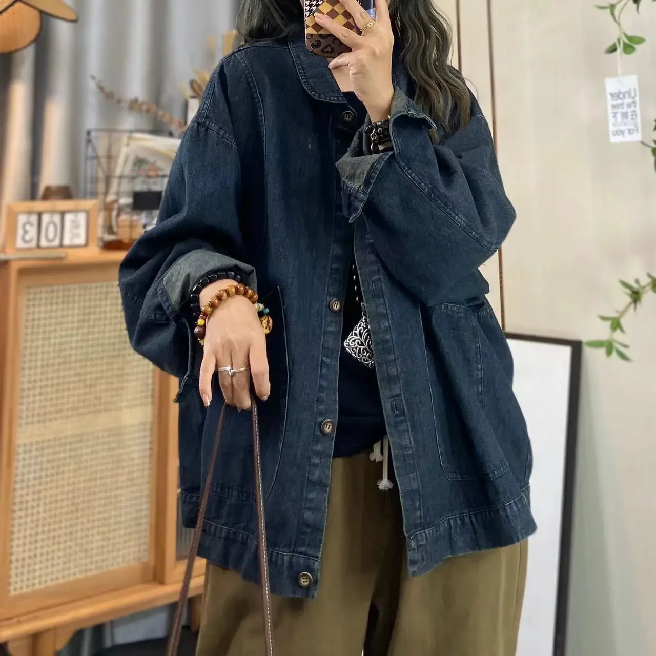 

Oversize Denim Jacket for Women Autumn Long Sleeve Lapel Loose Coat Pocket Korean Trend and Versatile Casual Outerwear Female