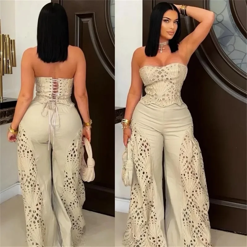 Khaki Women Suit Set 2 Pcs Top Bra+Pants Sexy Strapless Lace Up Back Sleeveless Jacket Formal Wedding Guest Jacket Bridal Coat
