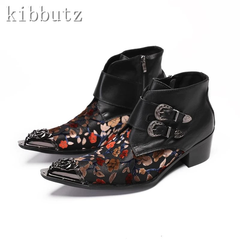 Black Patchwork Printing Men High Heels Boots Genuine Leather Metal Pointed Toe Ankle Boots British Style Dress Shoe